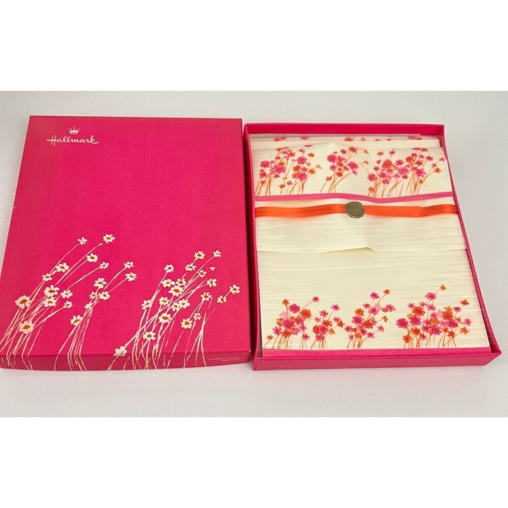 Vintage Hallmark Stationery Straw Flowers Pink White New Unused‎ 1970s